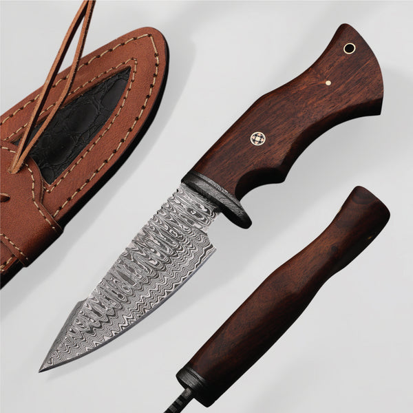 MAM Handcrafted, Durable Damascus steel knife-10 inch with Rose wood handle and leather sheath for hunting, camping, EDC and other outdoor adventures.