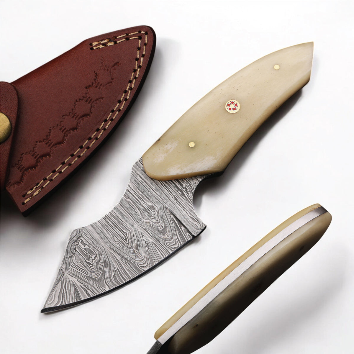 MAM Handcrafted, Damascus steel knife-7 inch with camel bone handle and leather sheath for hunting, skinning, Camping, EDC and other outdoor adventures.