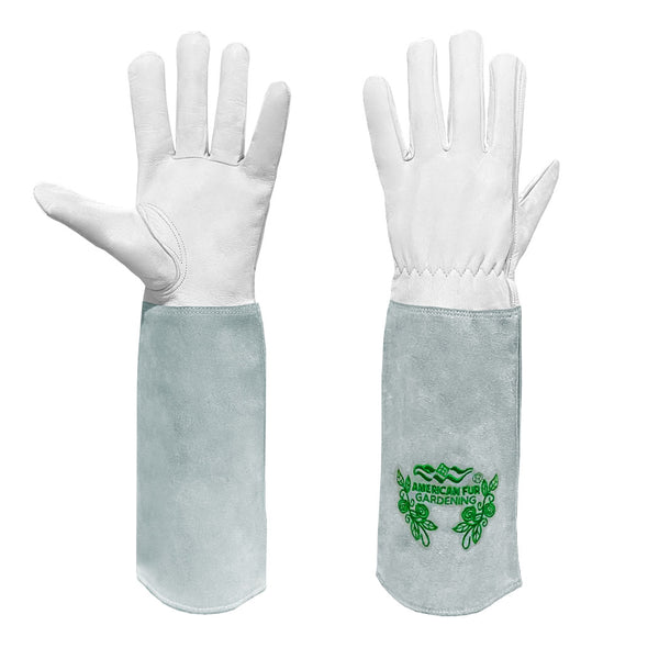 Leather Gardening Gloves, Rose Pruning Gloves, Thorn Proof Goatskin Leather Gloves for Men and Women, (Gray-White)
