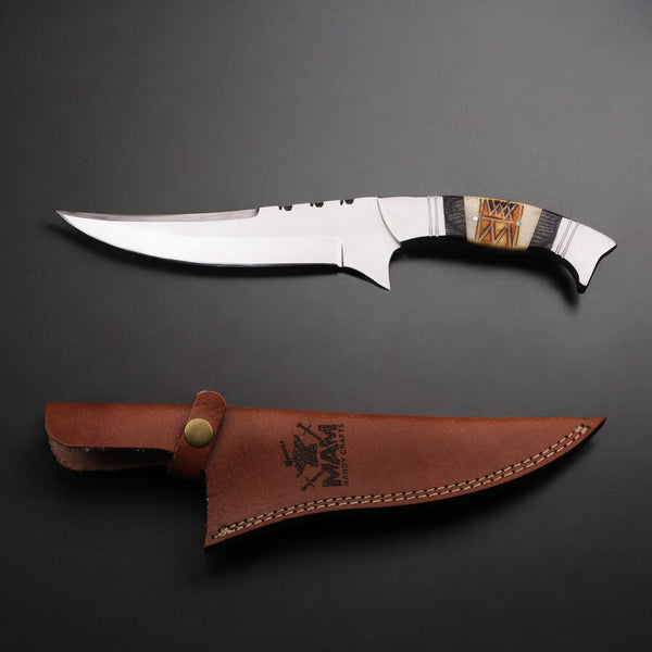 MAM Handcrafted D2 Steel Hunting Knife - 12.5" Full Tang Fixed Blade - Pakkawood & Camel Bone Handle - Leather Sheath - EDC, Camping, Outdoor