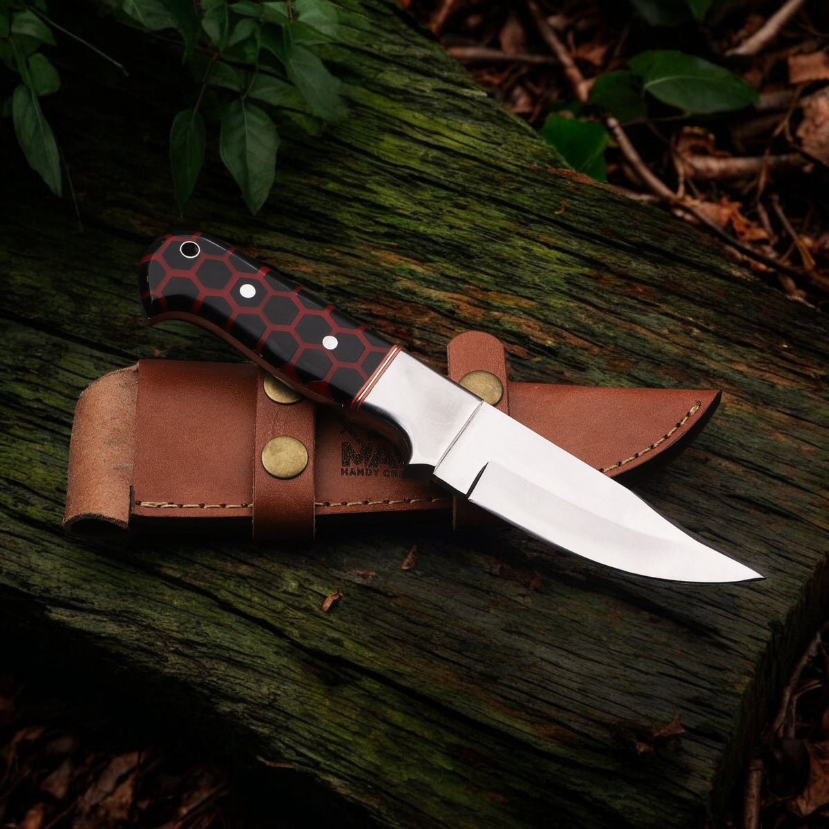 MAM Handcrafted, Durable stainless steel knife-9 inch with honeycomb style Resin handle and leather sheath for hunting, camping, EDC and other outdoor adventures.