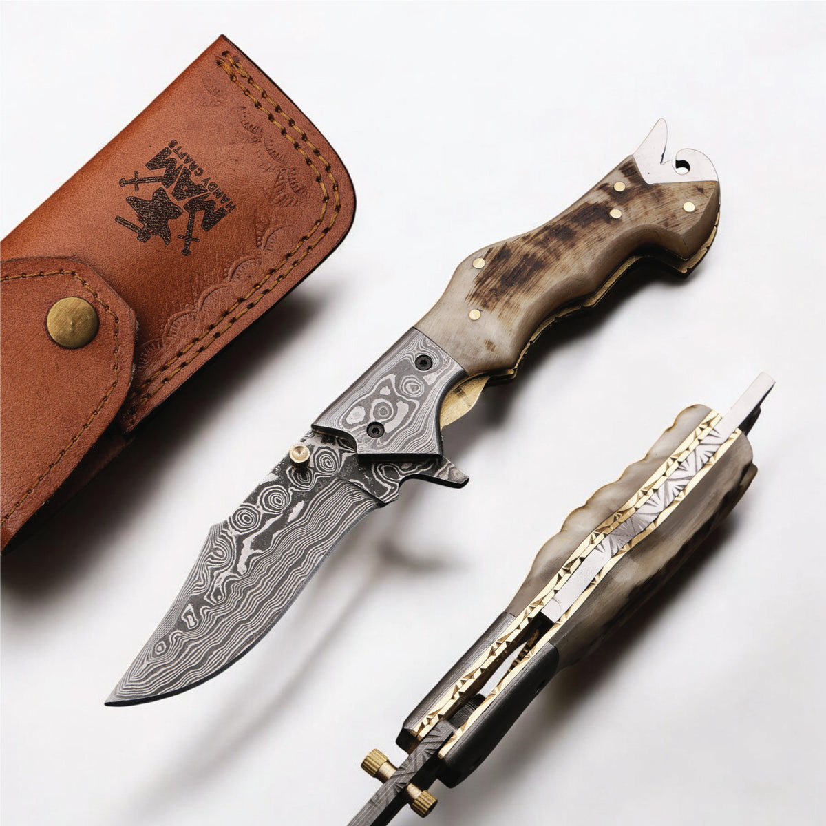 MAM Handcrafted Damascus steel folding knife-7.5 inch with horn handle and leather sheath for hunting, camping, EDC and other outdoor adventures.