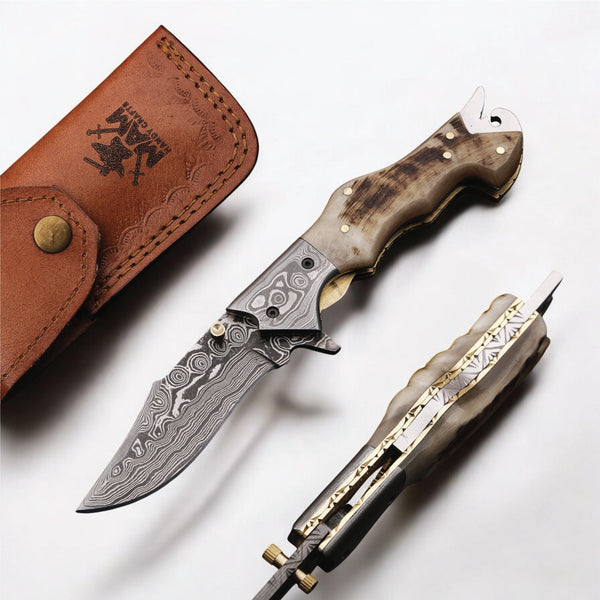 MAM Handcrafted Damascus steel folding knife-7.5 inch with horn handle and leather sheath for hunting, camping, EDC and other outdoor adventures.