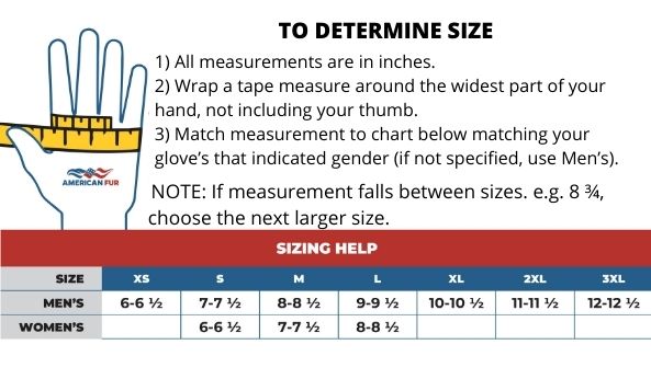 American Fur glove measurement and size chart
